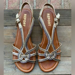 Report braided metallic leather sandals